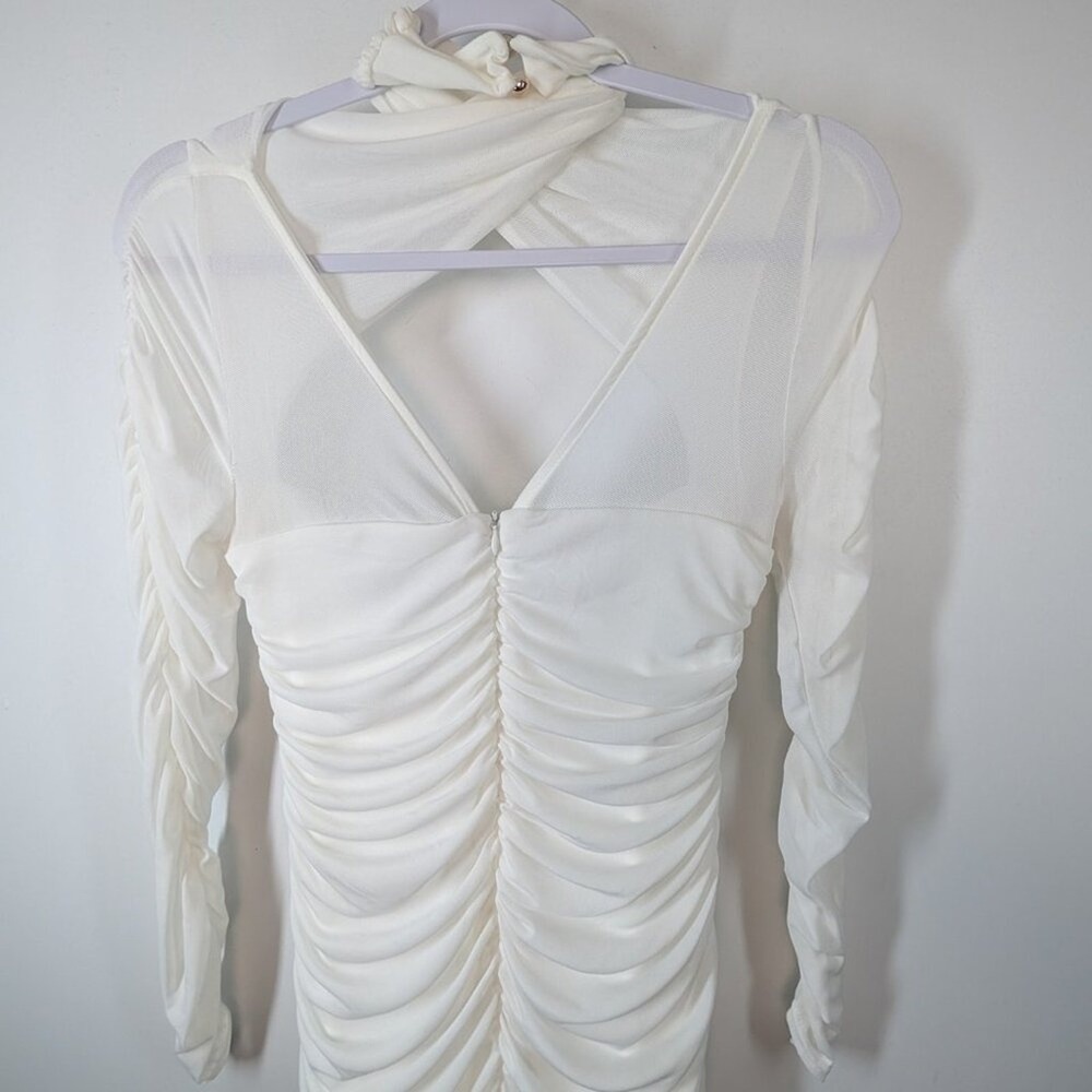 CLUB L‎ LONDON White Mesh Ruched Mock Neck Cutout Long Sleeve Bodycon Dress - Picture 8 of 8